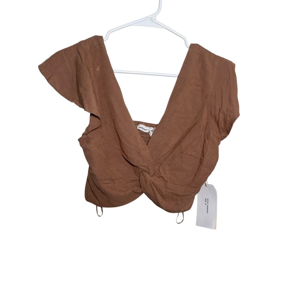 Midnight Blouse Women's Medium Brown Smocked Cropped Short Sleeve V-Neck NWT